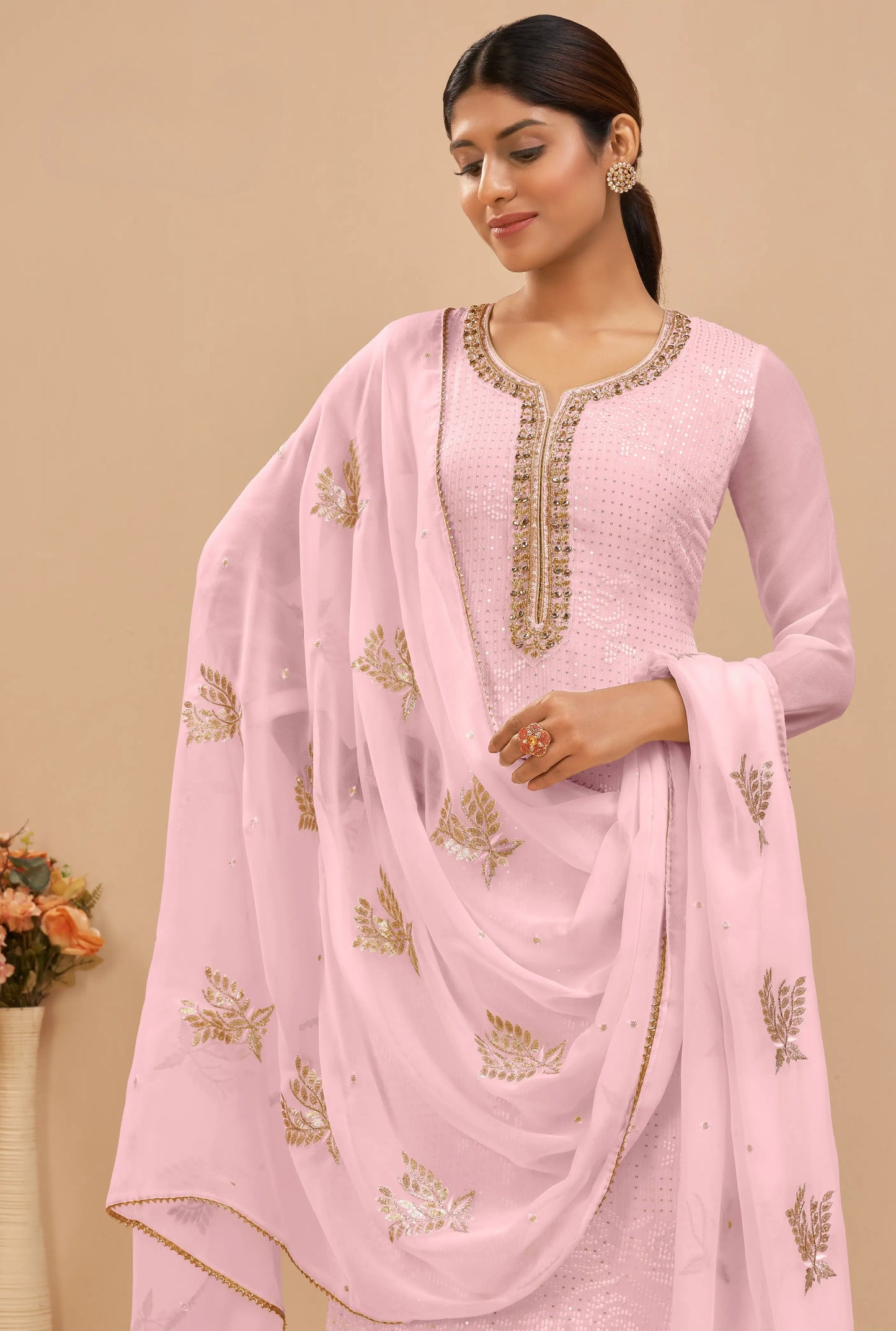 Soft Light Pink Georgette Sequins Embroidery Work Salwar Suit With Dupatta