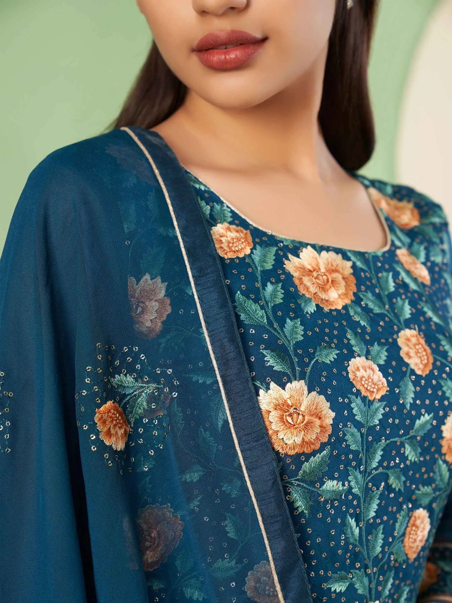Cerulean Blue Heavy Embroidered Georgette Palazzo Set With Dupatta