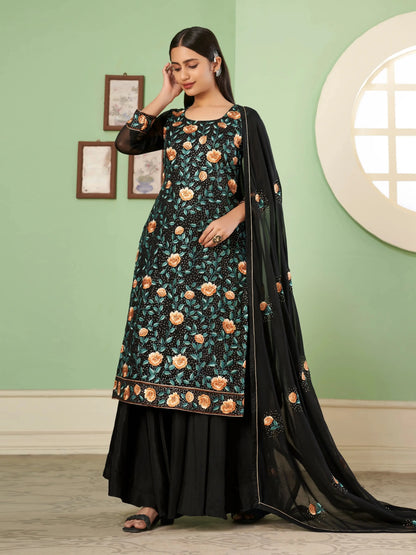 Black Multi Thread Embroidered Georgette Palazzo Set With Dupatta