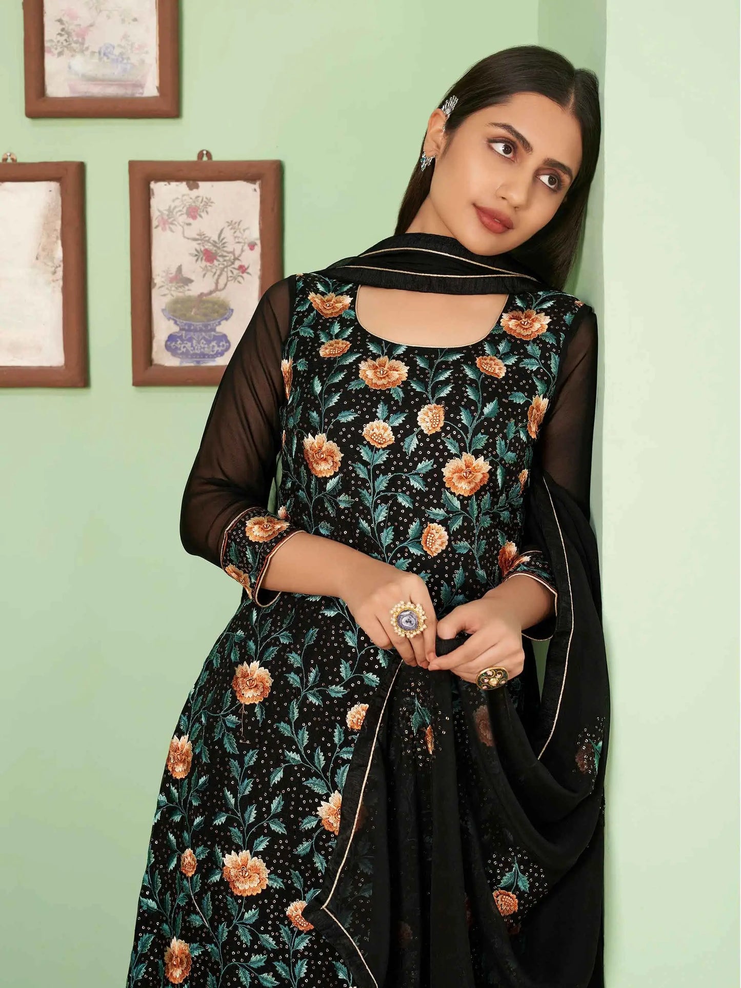 Black Multi Thread Embroidered Georgette Palazzo Set With Dupatta