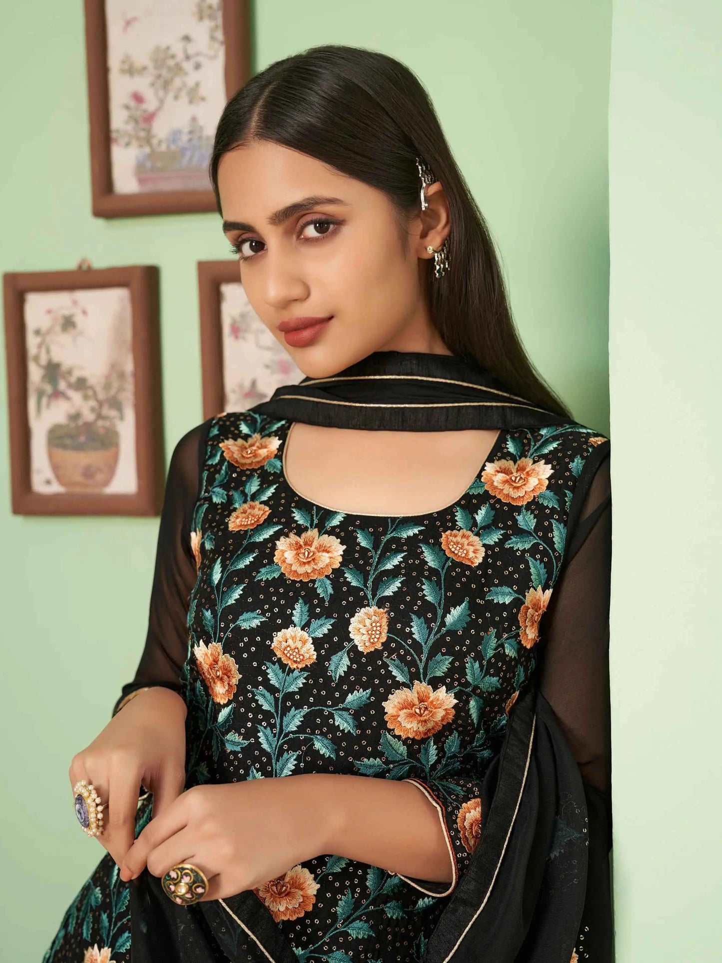 Black Multi Thread Embroidered Georgette Palazzo Set With Dupatta