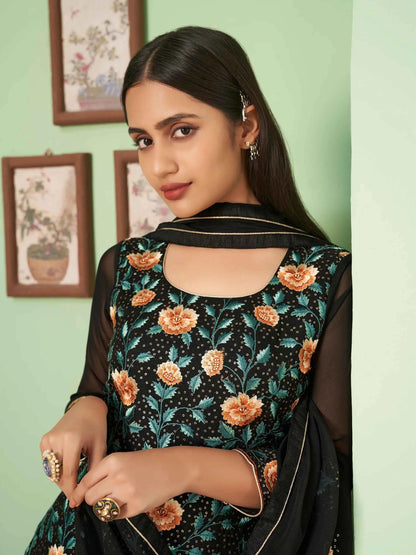 Black Multi Thread Embroidered Georgette Palazzo Set With Dupatta