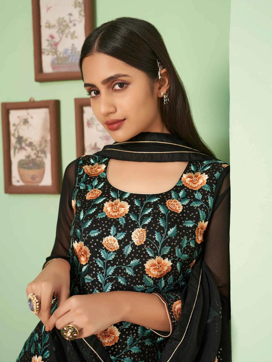 Black Multi Thread Embroidered Georgette Palazzo Set With Dupatta