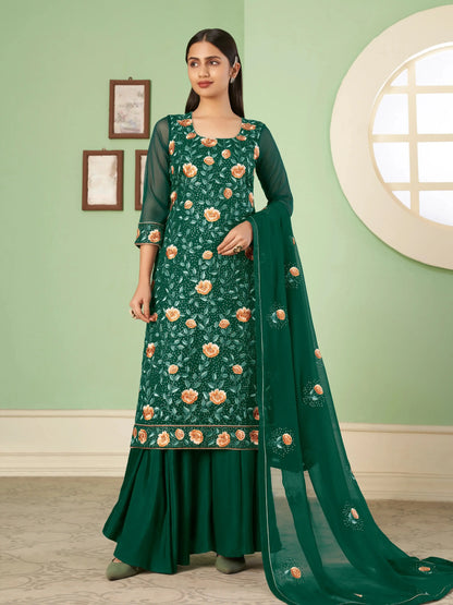 Green Heavy Embroidered Georgette Palazzo Set With Dupatta