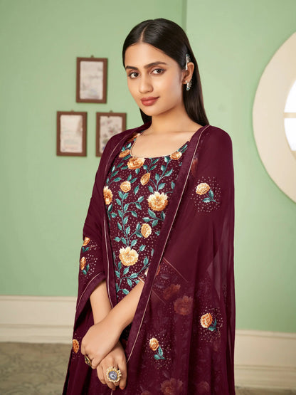 Wine Floral Embroidered Georgette Palazzo Set With Dupatta