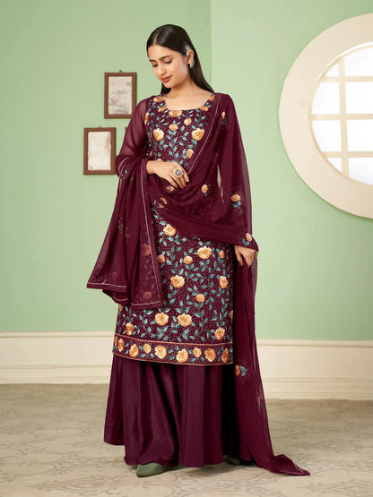 Wine Floral Embroidered Georgette Palazzo Set With Dupatta
