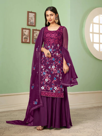 Purple  Heavy Embroidery Work Georgette Palazzo Set With Dupatta