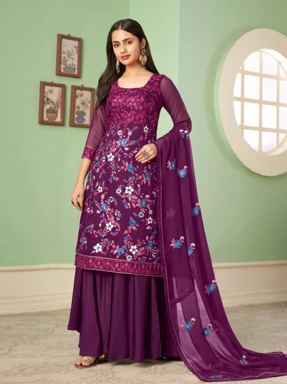 Purple  Heavy Embroidery Work Georgette Palazzo Set With Dupatta