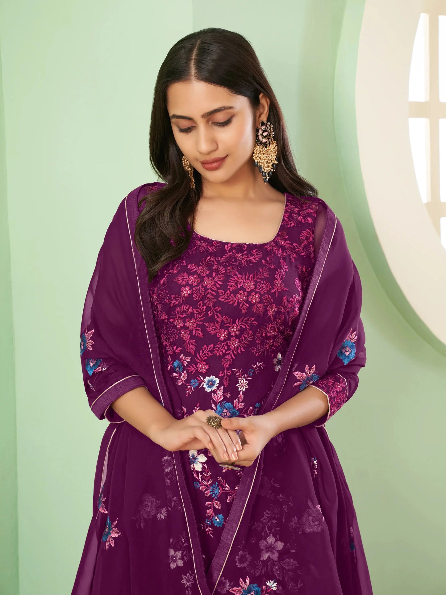 Purple  Heavy Embroidery Work Georgette Palazzo Set With Dupatta