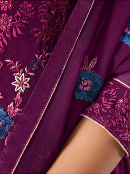 Purple  Heavy Embroidery Work Georgette Palazzo Set With Dupatta