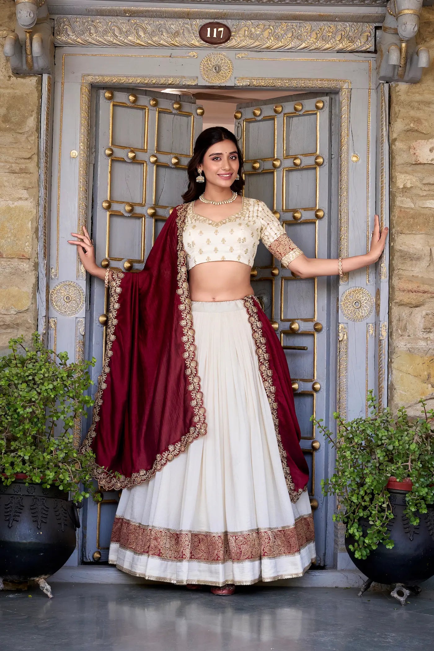 Off White Vichitra Silk Lehenga Choli With Zari Weaving Work & Sequins Touch Up