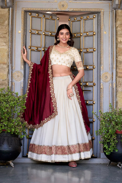 Off White Vichitra Silk Lehenga Choli With Zari Weaving Work & Sequins Touch Up