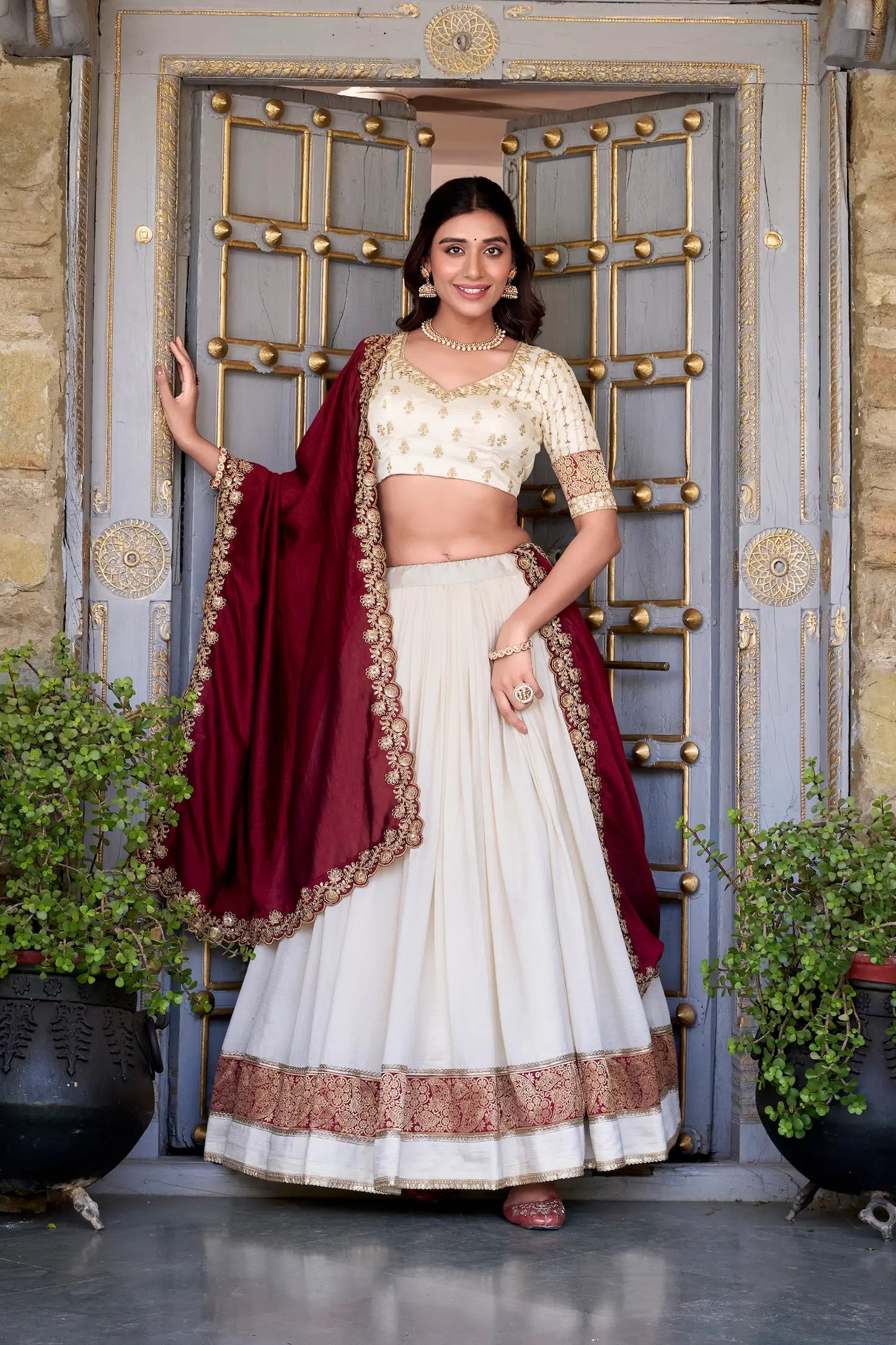 Off White Vichitra Silk Lehenga Choli With Zari Weaving Work & Sequins Touch Up