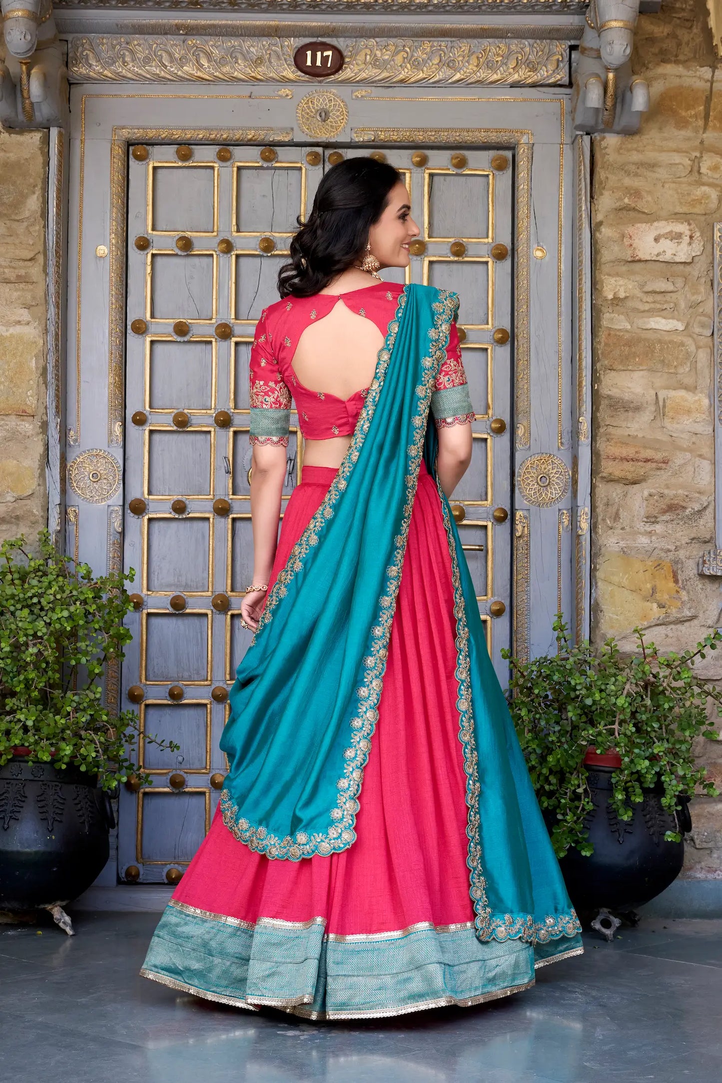 Pink Vichitra Silk Lehenga Choli With Zari Weaving Work & Sequins Touch Up