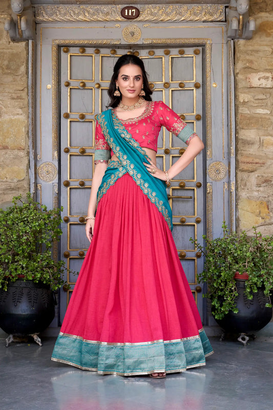Pink Vichitra Silk Lehenga Choli With Zari Weaving Work & Sequins Touch Up