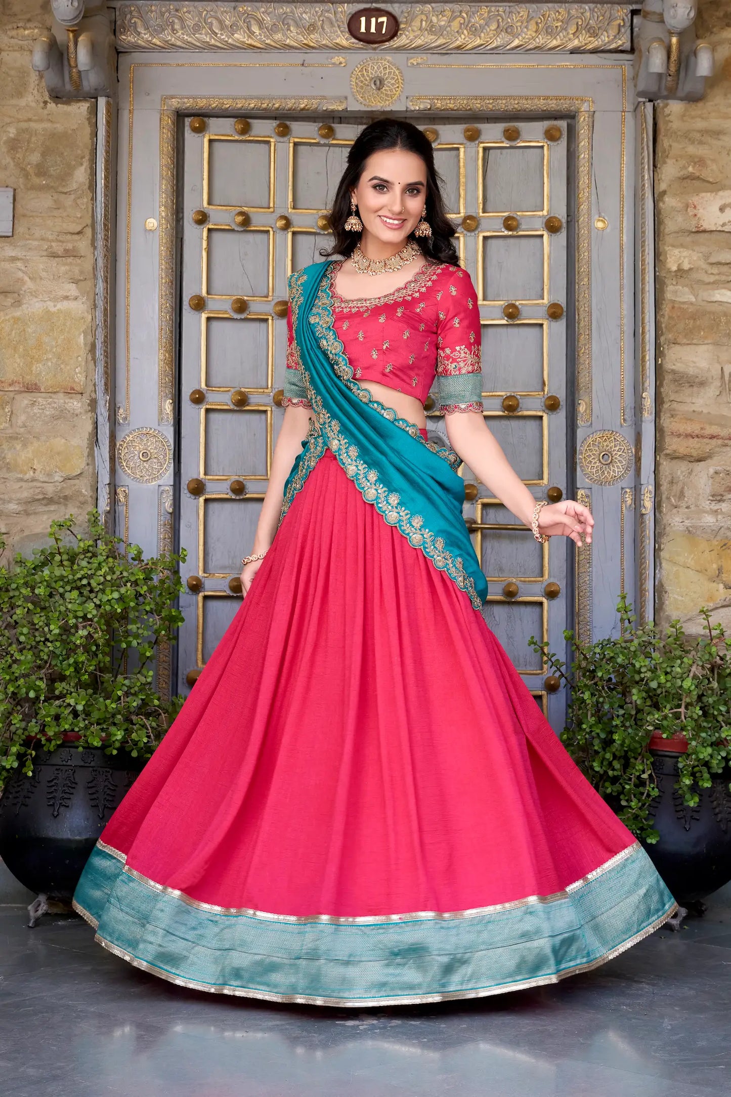 Pink Vichitra Silk Lehenga Choli With Zari Weaving Work & Sequins Touch Up