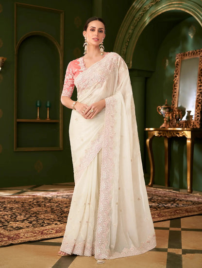 Powder White Silk georgette Heavy Embroidery Saree