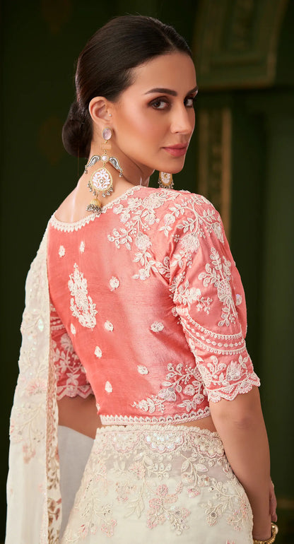 Powder White Silk georgette Heavy Embroidery Saree