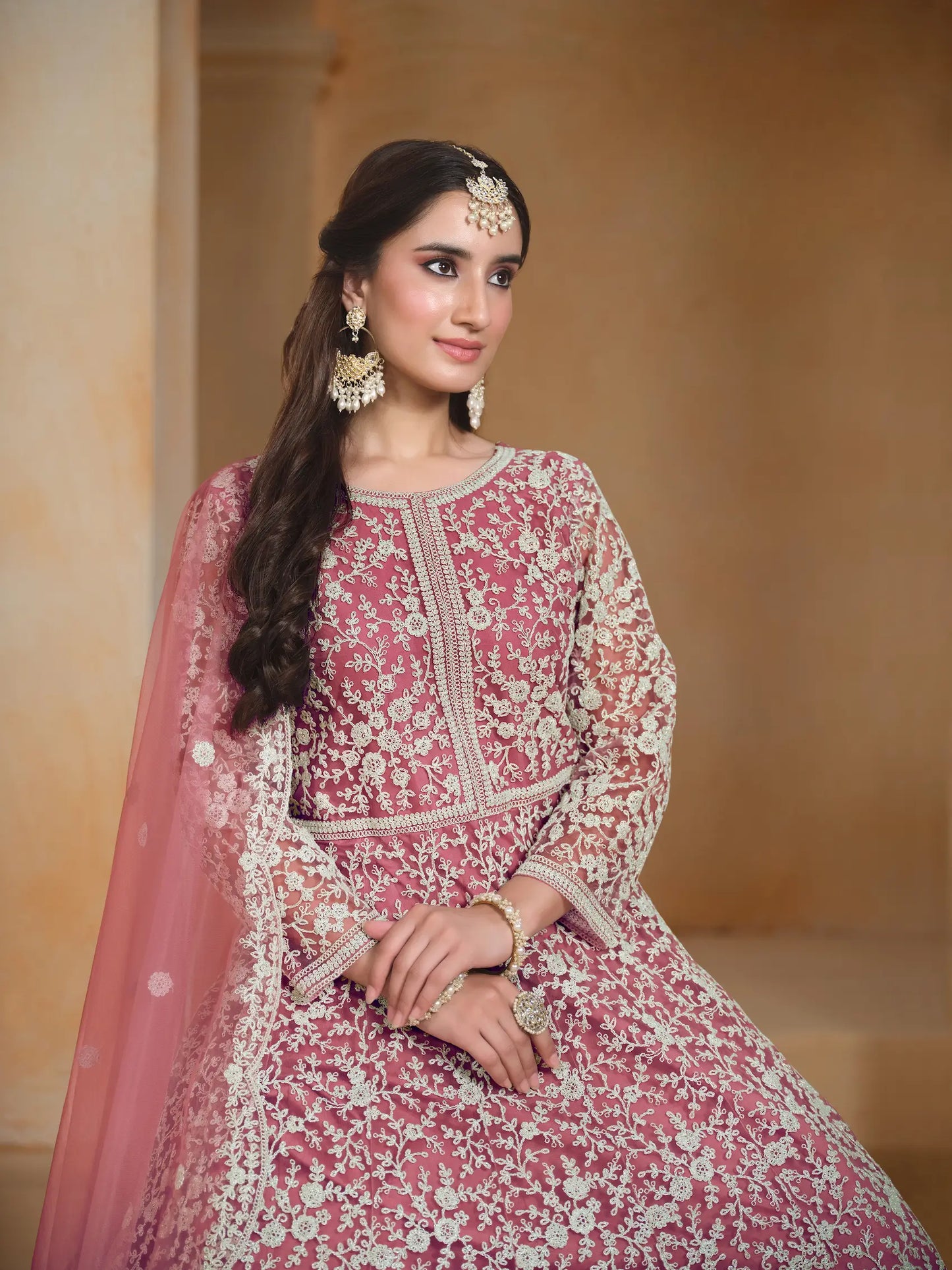 Light Pink Net Gown With Sequence & Thread Embroidery Work
