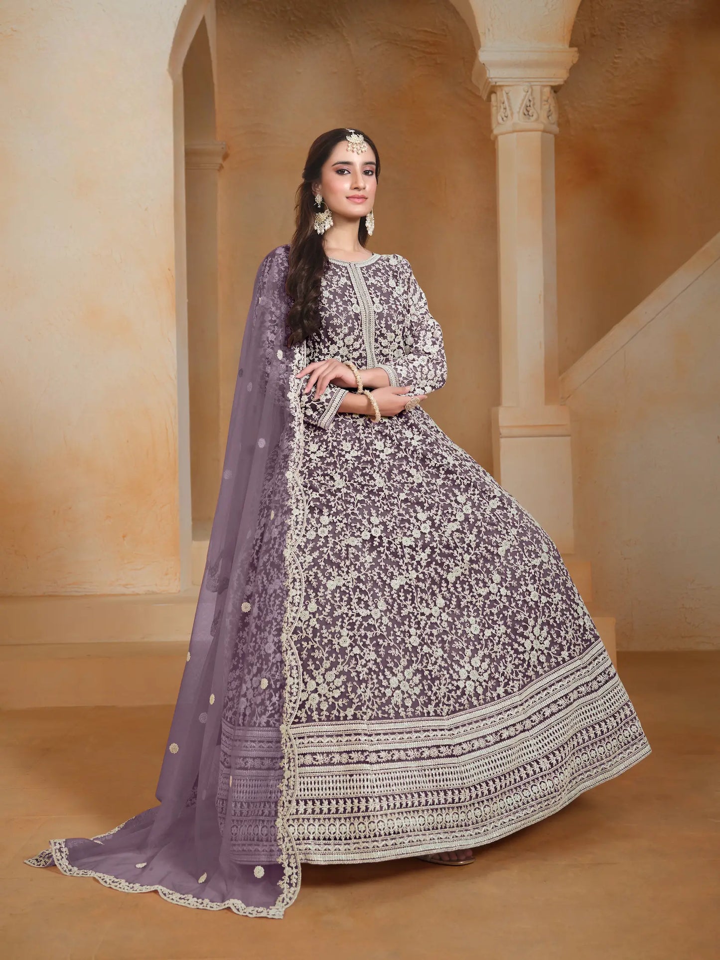 Lavender Net Gown With Sequence & Thread Embroidery Work