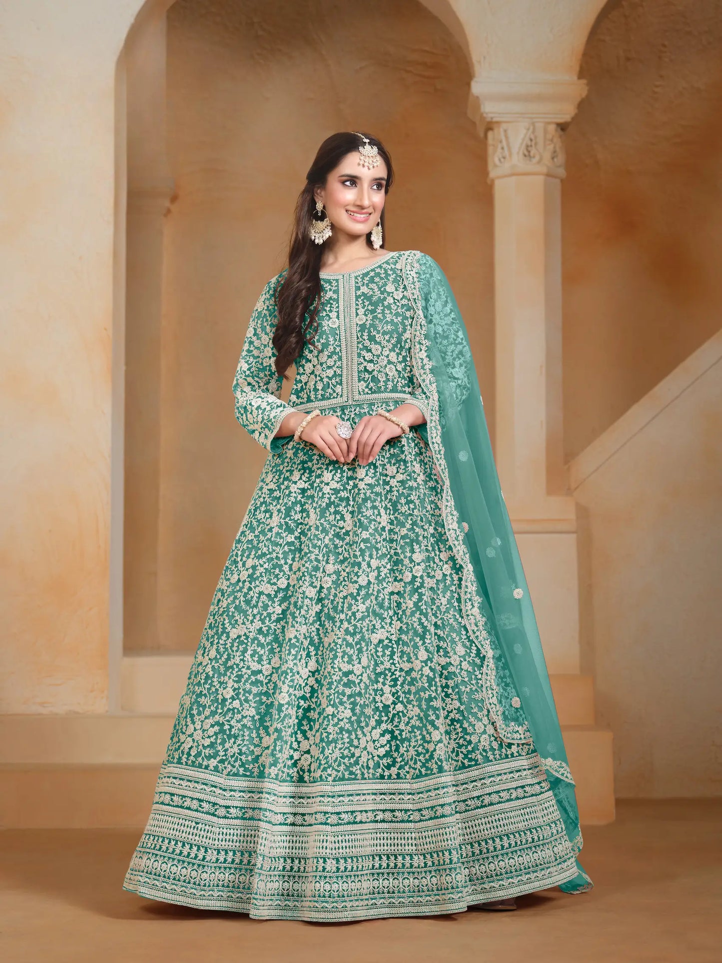 Sky Blue Net Gown With Sequence & Thread Embroidery Work