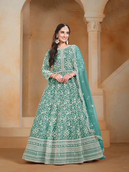 Sky Blue Net Gown With Sequence & Thread Embroidery Work