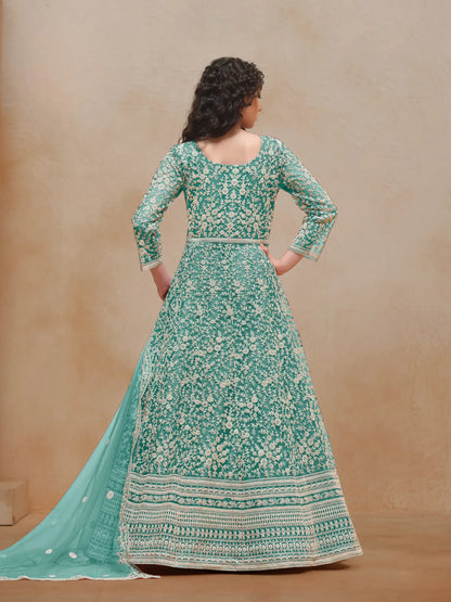 Sky Blue Net Gown With Sequence & Thread Embroidery Work