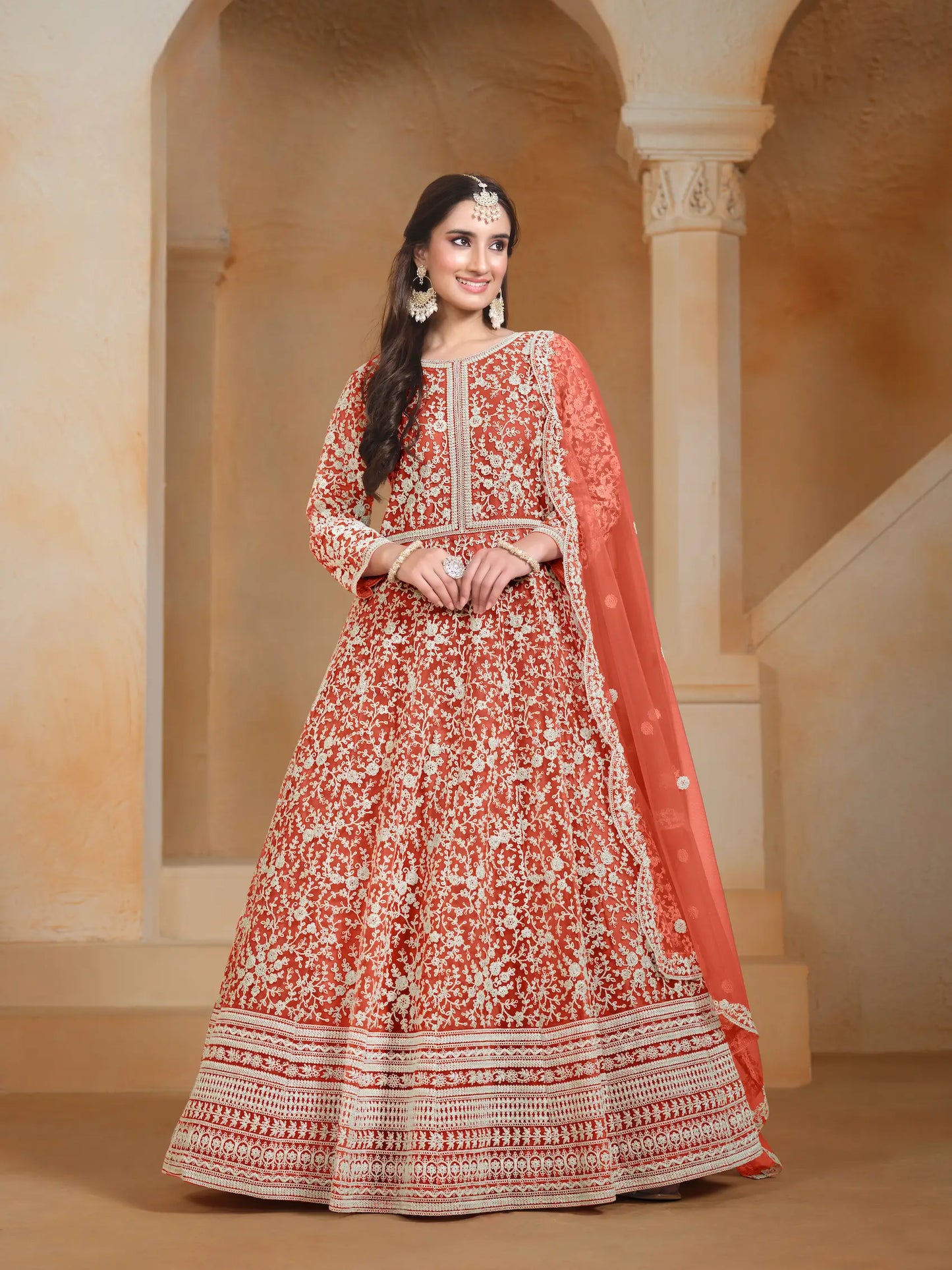 Orange Net Gown With Sequence & Thread Embroidery Work