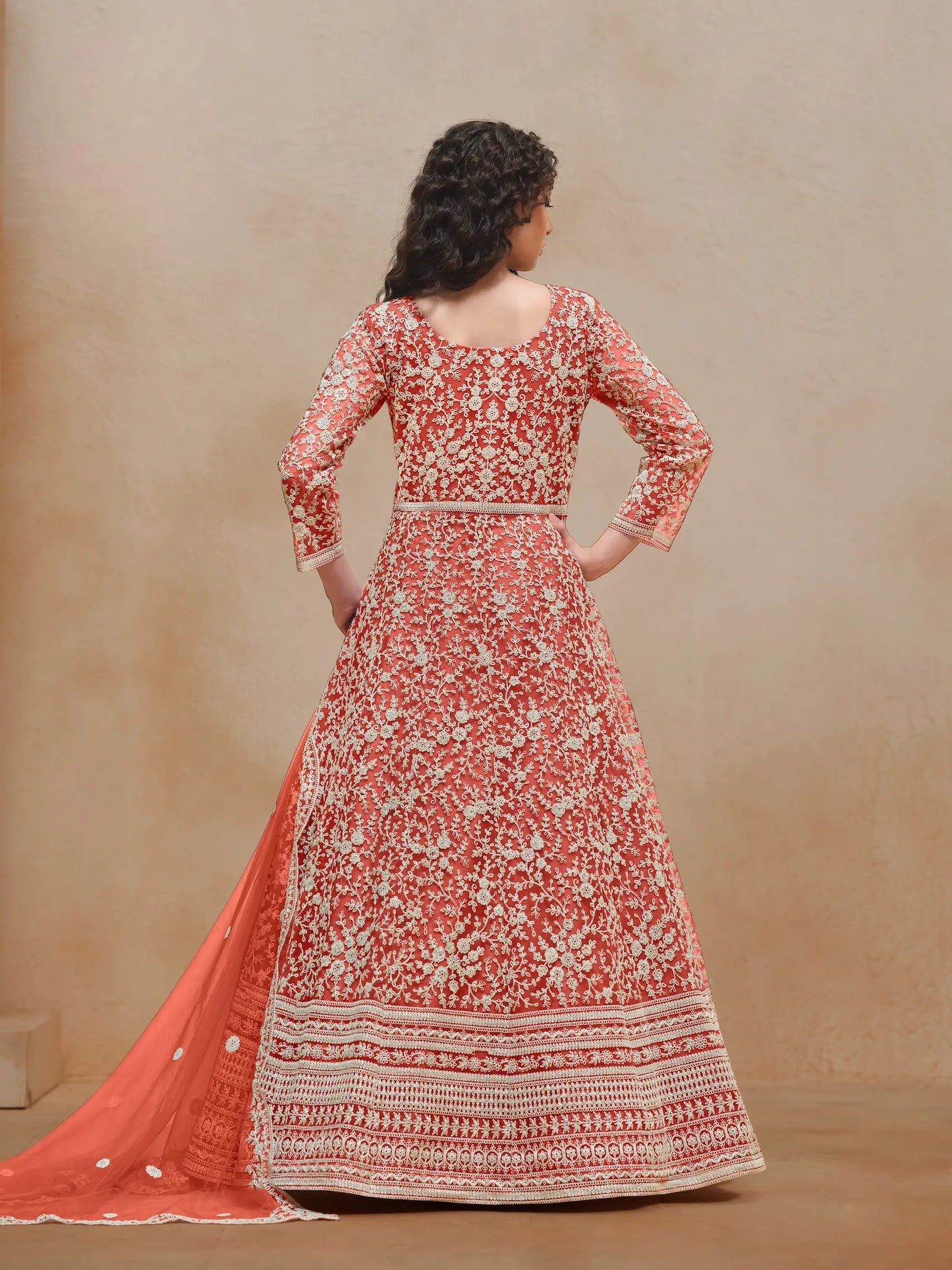 Orange Net Gown With Sequence & Thread Embroidery Work