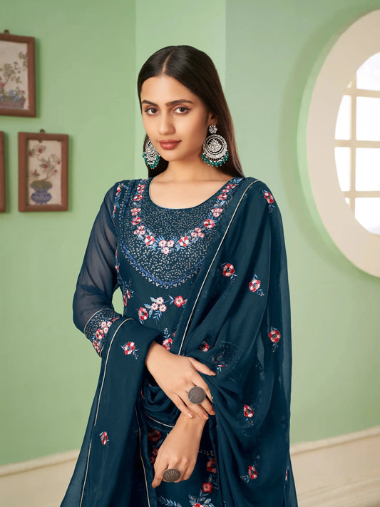 Aegean Blue Heavy Multi-thread Embroidery Work Georgette Palazzo Suit