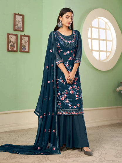 Aegean Blue Heavy Multi-thread Embroidery Work Georgette Palazzo Suit