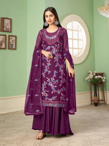 Grape Purple Sequins Embroidery Work Palazzo Suit