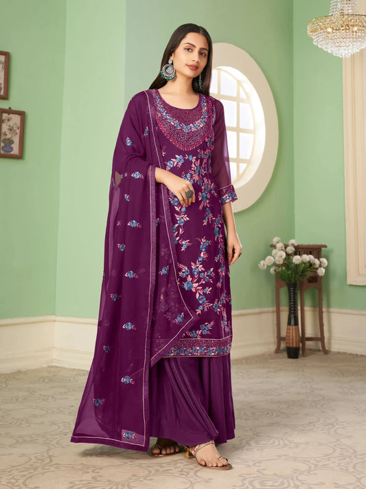 Grape Purple Sequins Embroidery Work Palazzo Suit