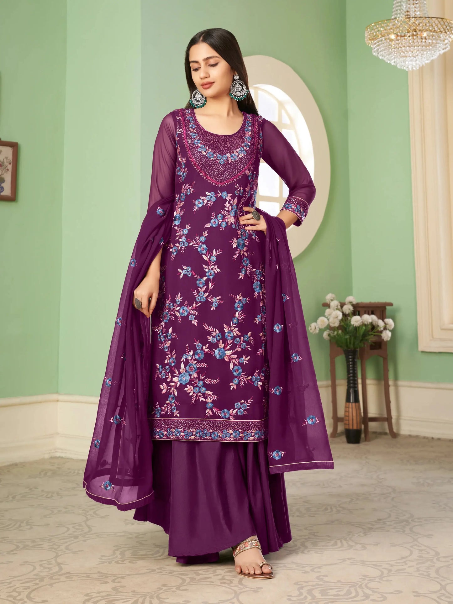 Grape Purple Sequins Embroidery Work Palazzo Suit