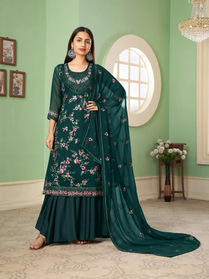 Dark Green Heavy Sequins Embroidery Work Georgette Palazzo Suit