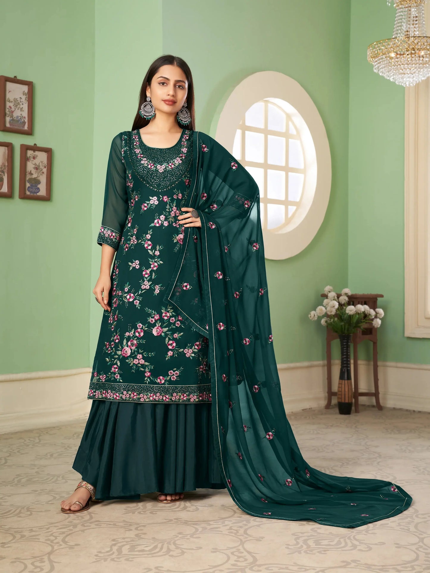 Dark Green Heavy Sequins Embroidery Work Georgette Palazzo Suit