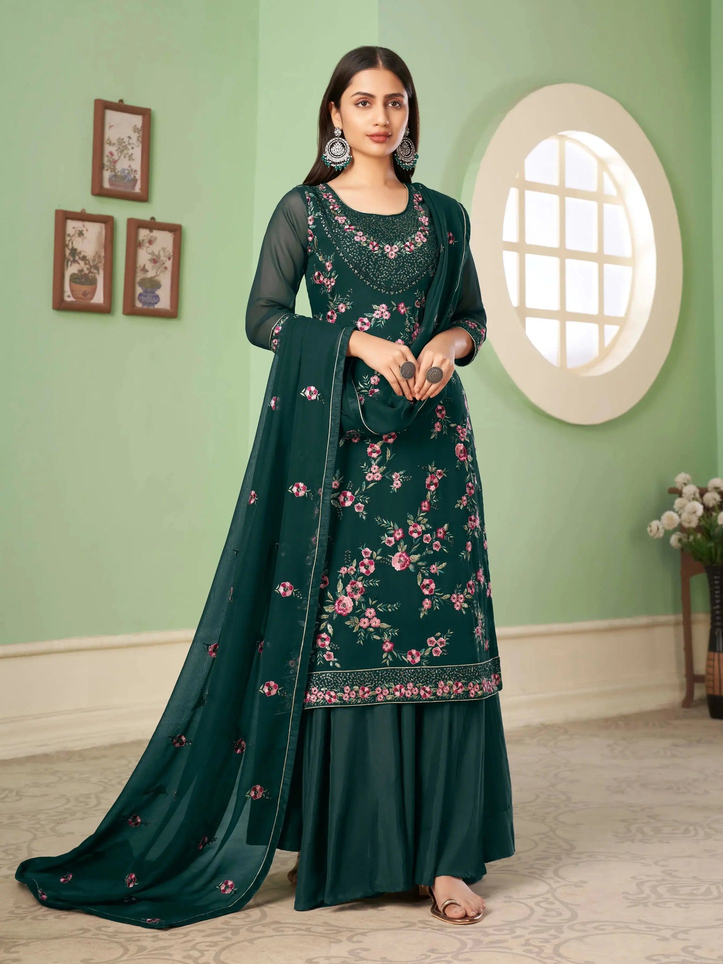 Dark Green Heavy Sequins Embroidery Work Georgette Palazzo Suit