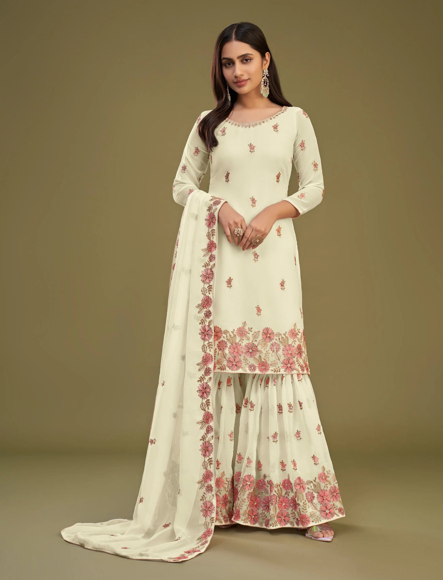 Light Lime Yellow Georgette Multi Thread Embroidery Work Sharara Set With Dupatta