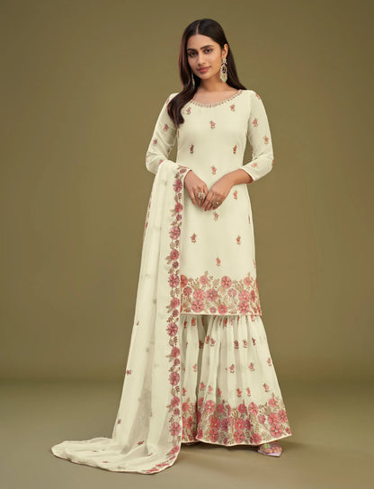 Light Lime Yellow Georgette Multi Thread Embroidery Work Sharara Set With Dupatta