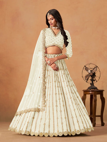 Off White Art Silk Paper Mirror & Embroidery Lehenga Choli