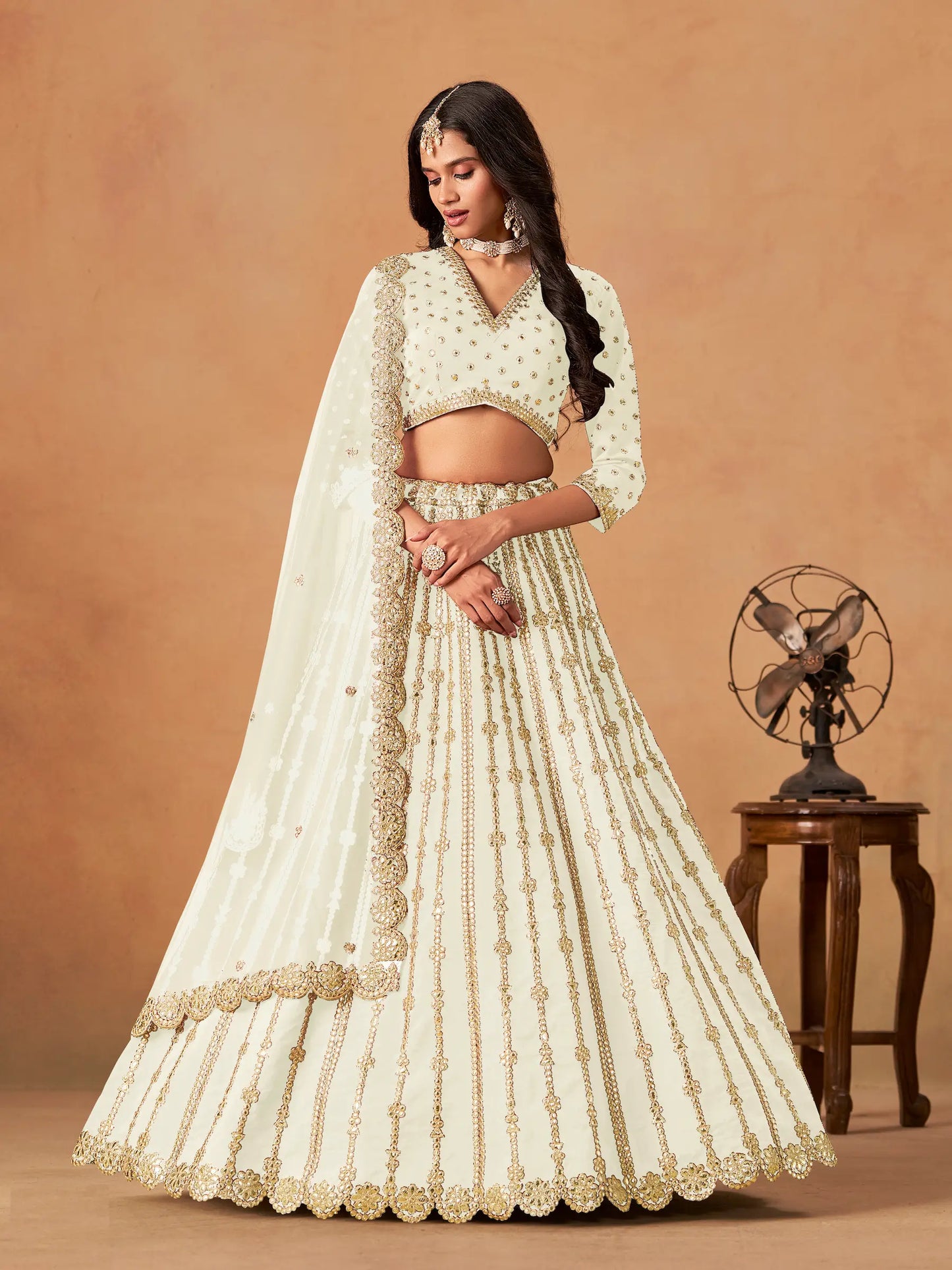 Off White Art Silk Paper Mirror & Embroidery Lehenga Choli