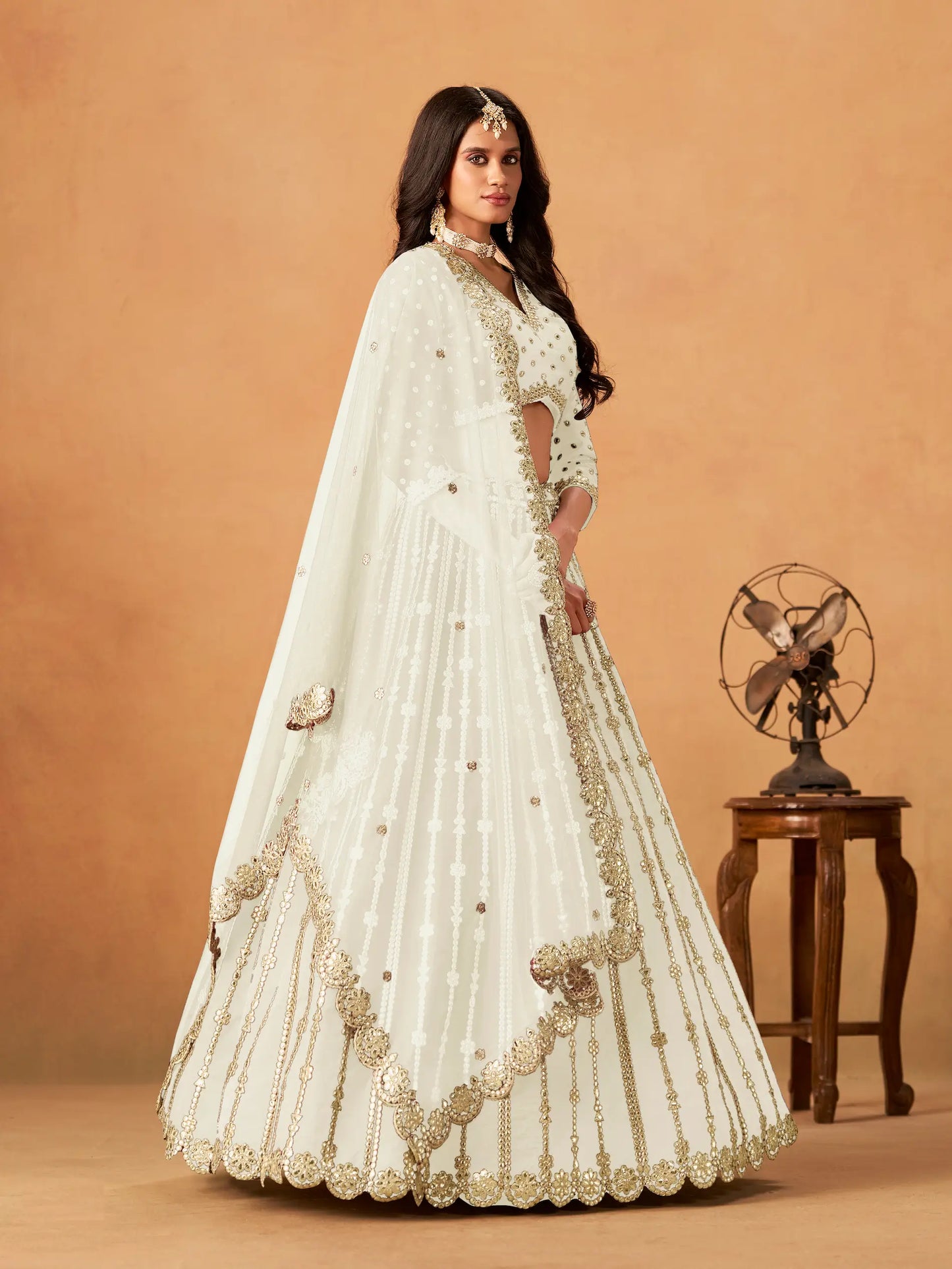 Off White Art Silk Paper Mirror & Embroidery Lehenga Choli