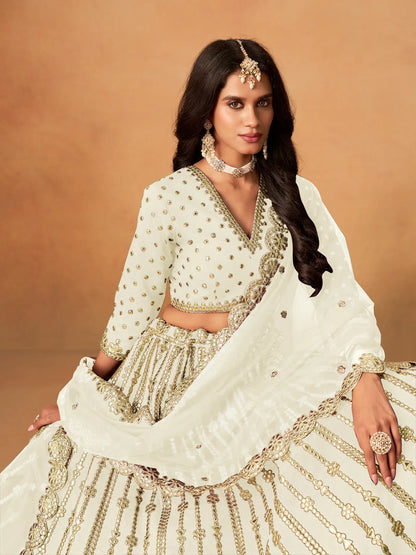Off White Art Silk Paper Mirror & Embroidery Lehenga Choli