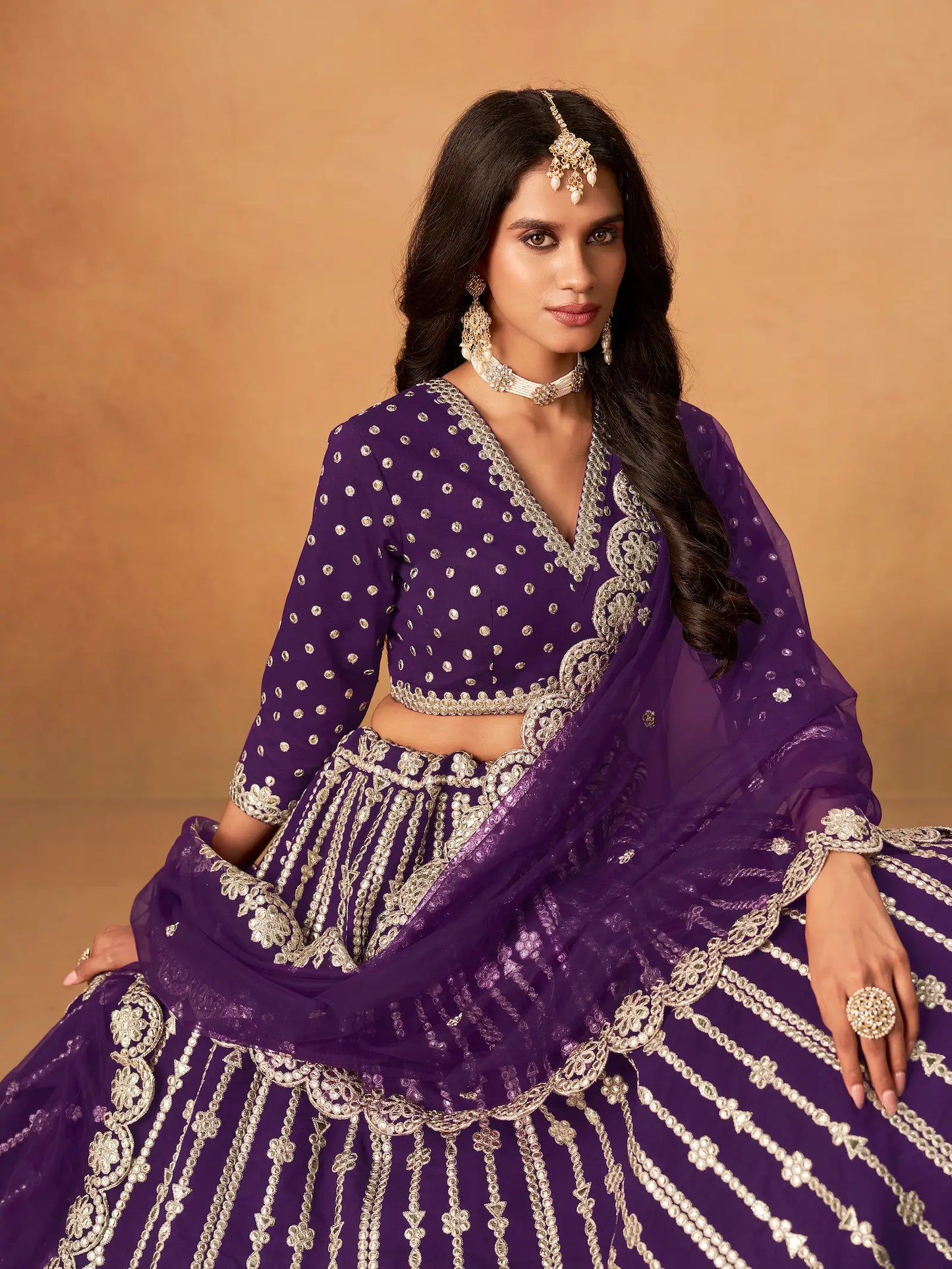 Purple Art Silk Paper Mirror & Embroidery Lehenga Choli
