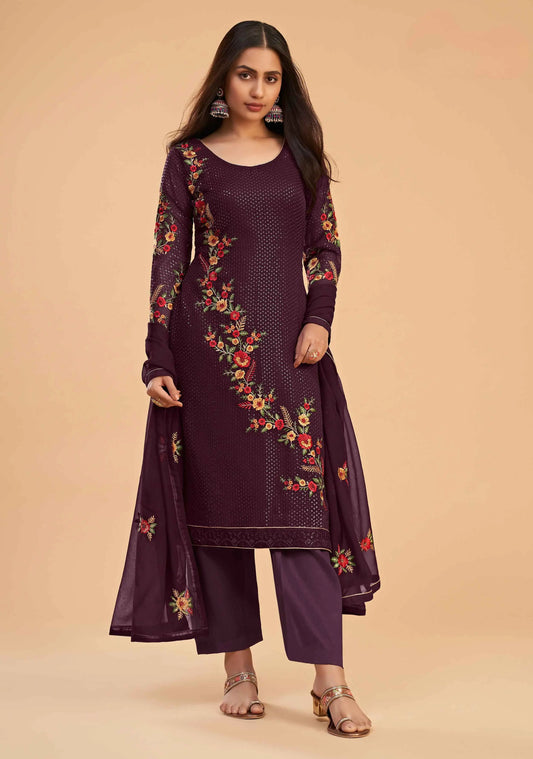 Wine Georgette Sequins Embroidery Work Salwar Suit With Dupatta