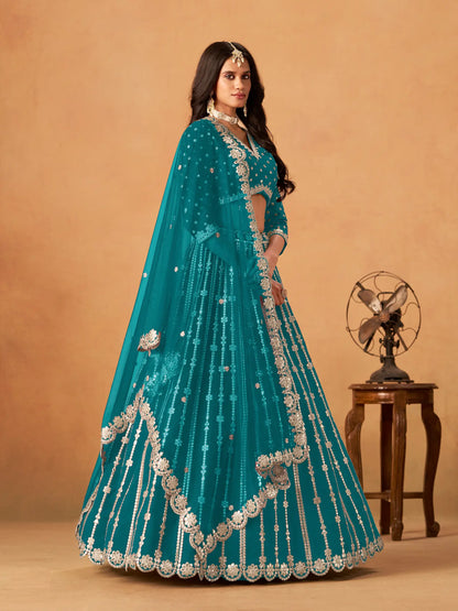 Teal Blue Art Silk Paper Mirror & Embroidery Lehenga Choli