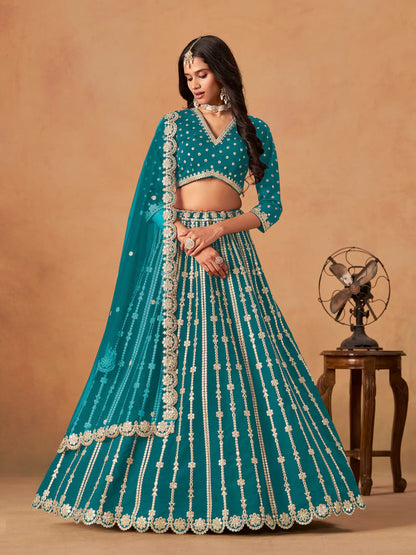 Teal Blue Art Silk Paper Mirror & Embroidery Lehenga Choli