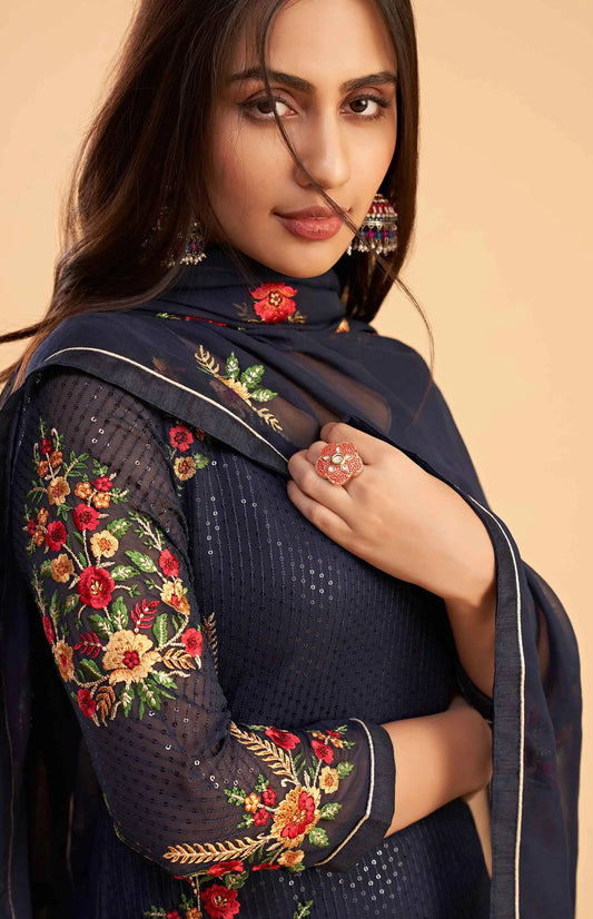 Navy Blue Georgette Sequins Embroidery Work Salwar Suit With Dupatta