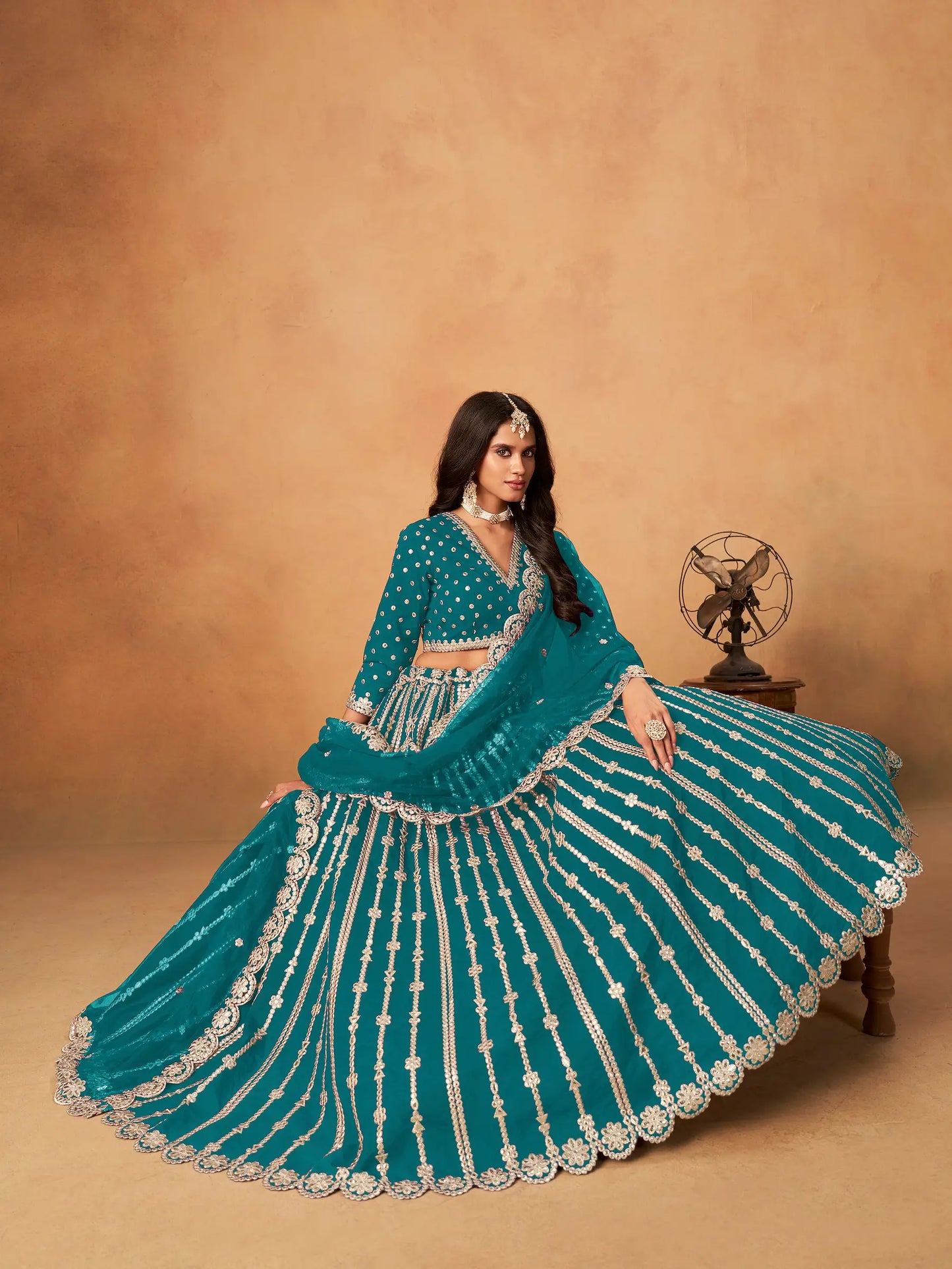 Teal Blue Art Silk Paper Mirror & Embroidery Lehenga Choli