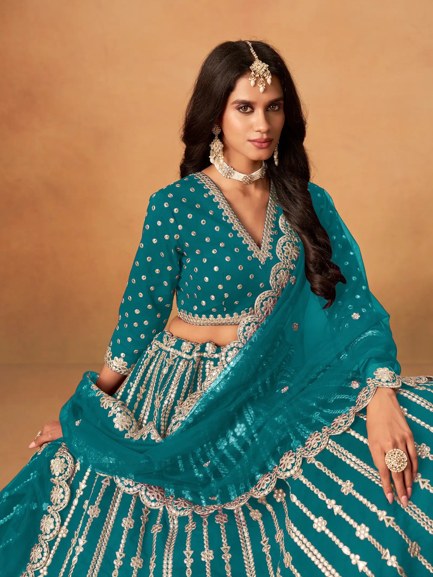 Teal Blue Art Silk Paper Mirror & Embroidery Lehenga Choli